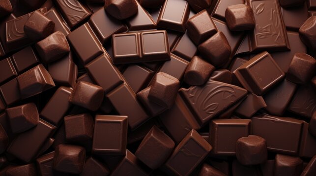 background with tasty various pieces of milk and dark chocolate bars, grated cocoa top view close up