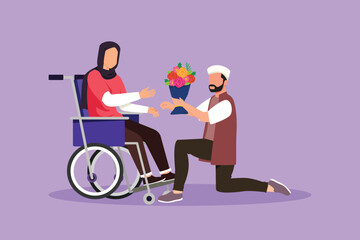 Wall Mural - Graphic flat design drawing Arab male, disabled female in wheelchair. Man give bouquet of flower to woman. Caregiver, family moral support. Disability rehabilitation. Cartoon style vector illustration