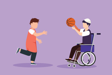 Sticker - Graphic flat design drawing happy lifestyle of disabled people concept. Little Arab boy in wheelchair playing ball with male friend outdoors living active lifestyle. Cartoon style vector illustration