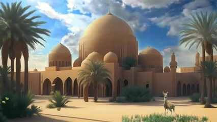 Poster - beautiful mosque in the desert, seamless looping video animated background, Seamless Animation Video Background in 4K Resolution.	