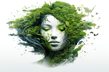 Environmentally and sustainability conscious image featuring a mysterious fairy-like woman with green leaves generated by Ai