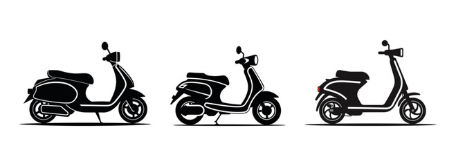 Wall Mural - Set Electric scooter. Motorbike. Motorcycle charging. Black and white scooter in flat style isolated on white background. Vector illustration