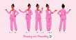African american woman in pink suit showing, presenting pose set. Wide pants, loose fit business casual wear. Fashion, social media, style, beauty, pop culture blogger. Cartoon character illustration