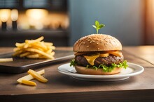 Hamburger With Fries On Wooden Table