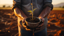A Withered Plant In Dry Ground In The Hands Of A Farmer. Drought Concept