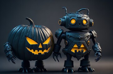 Black halloween pumpkin and black scary robot on dark background, AI generated