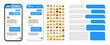 © 32 pixels - Smartphone messaging app, user interface design with emoji. SMS text frame. Chat screen with blue message bubbles. Texting app for communication. Social media application. Vector illustration