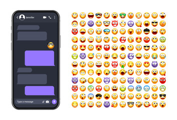 Wall Mural - Smartphone messaging app, user interface with emoji. SMS text frame. Chat screen, violet message bubbles. Texting app for communication. Social media application. Dark mode. Vector illustration