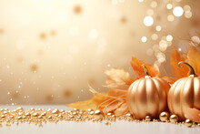 Golden Glitter Pumpkins With Fall Leaves On White Ground With A Beautiful Bokeh Backgound With Space For Text, Soft And Golden Colors