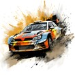 rally racing car with dust effect and ink paint art, ai generative