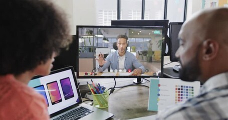 Canvas Print - African american business people on video call with caucasian male colleague on screen