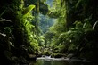 Lush jungle wilderness with thick vegetation and rich biodiversity. Generative AI