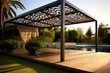 Stylish outdoor structure providing shade with a roof and awning. Generative AI
