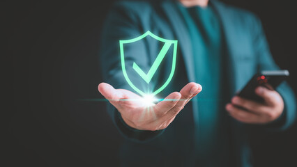Poster - User show on hand warranty identity proofing icon for security protection system on virtual screen. Quality assurance of business service. Certified guarantee approval or secure access system concept.