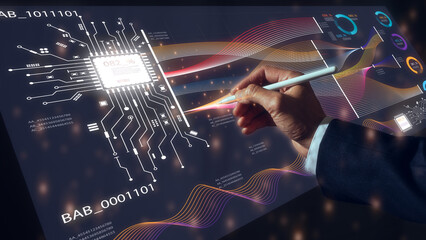 DevSecOps Software development cycle programming concept, software development IT operations, man using pen and tech icons in agile methodology environment, coder or sysadmin working with system