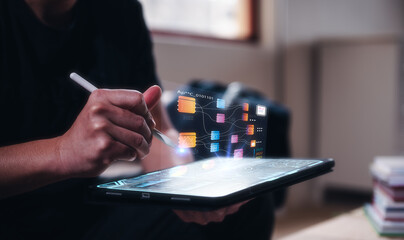 DevOps concept, software development and IT operations, agile programming engineer using pen digital tablet and tech icons in agile methodology environment, coder or sysadmin working with system