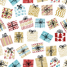 Gift Vector Seamless Pattern. Christmas Or Birthday Present Hand Drawn Sketch Doodle Background