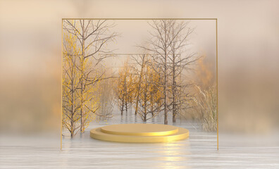 Poster - Autumn landscape scene with a podium for product display. 3D rendering.