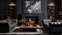 Cozy Modern Minimalistic Scandinavian Interior Design Of A Spacious Living-room With Dark Industrial Business-like Atmosphere, Black Wall, Brown Leather Couch, Earthly Wooden Tones