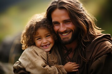 Wall Mural - portrait of jesus with little girl in arm