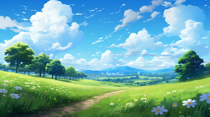 Wall Mural - meadow with a sky full of clouds, anime style