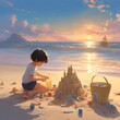 Ilustração de Linda criança brincando de areia no litoral brasileiro, lindo pôr do sol. Arte digital de  criança brincando na areia da praia. nascer do sol em férias incríveis na praia. 