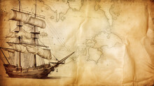 Charting The Past: Ancient Sailboat, Compass, And Historic Map. This Concept Unearths The Realm Of Sea Voyages, Discoveries, Pirates, Sailors, Geography, And History