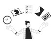 Man juggling items bw concept vector spot illustration. Multitasking, productivity. Efficiency 2D cartoon flat line monochromatic character for web UI design. Editable isolated outline hero image