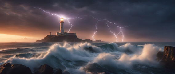 Wide-angle shot of a luminous lighthouse on a rock in a stormy sea against the backdrop of thunderclouds with flashes of lightning. Dramatic seascape.