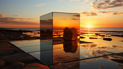 Cubic form in a mirror texture at a sunset