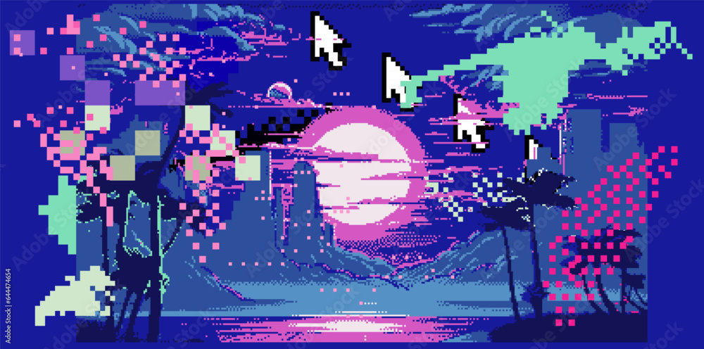 Vector de Stock Synthwave retro 8-bit pixel art landscape with palms ...