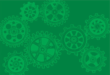 Wall Mural - Green Retro mechanical gears background. vintage cog wheel parts of factory machine illustration. Gear cog wheel sketch in high resolution backdrop.