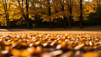 Idyllic autumn park with yellow foliage on the ground. Fallen leaves on October. Floral fall season concept.