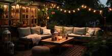 Beautiful Shot Of Outdoor Garden Furniture At Night, Flowers, Lanterns. Generative AI