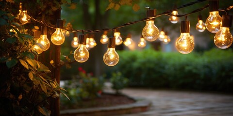 Close-up of a street garland with warm light on patio late at night. Generative AI