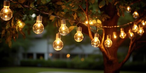 Wall Mural - Close-up of a street garland with warm light on patio late at night. Generative AI