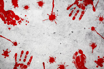 Bloody handprints and footprints with splashes on concrete background