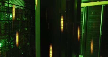 Wall Mural - Animation of illuminated lights moving over data server systems