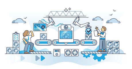 Quality assurance with performance management and check outline concept. Technology automation in manufacturing process to reduce warranty issues vector illustration. Perfection and reliability test