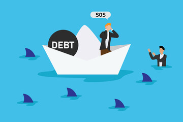 Man shouting SOS on sinking boat with heavy ball of debt surrounded by sharks 2d vector illustration concept for banner, website, landing page, flyer, etc