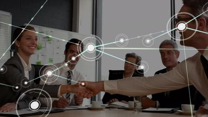 Sticker - Animation of network of connections over diverse businessman and businesswoman shaking hands