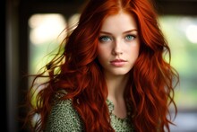 Beauty Red-haired Young Woman Green Eyes Mysteriously Looking At Camera. Redhead Model Sexy Girl Beauty Face. Generative AI