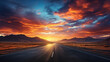 Unendliche Straße in den Sonnenuntergang, wunderschönes Farbenspiel, traumhafte Kulisse mit Wolken am Himmel