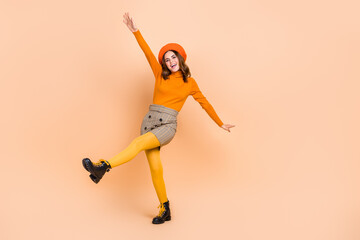 Sticker - Full length photo of optimistic positive lady wear trendy clothes rejoice total big sale empty space isolated on beige color background