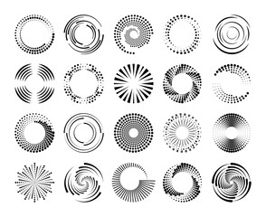 Halftone circle speed lines. Dashed dotted spiral dynamic swirls, radial geometric pattern, concentric circular abstract waves. Round movement vector elements