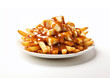 Plate of poutine traditional canadian unhealthy snack on white background.Macro.AI Generative