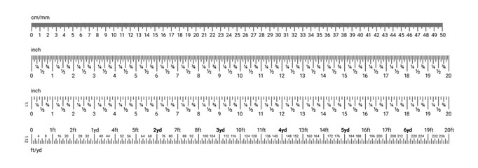 Inch and metric rulers. Centimeters, inches and foot, yard and millimeter unit measuring scale. Precision imperial measurement of ruler tools. Vector set