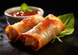 Crispy chicken spring rolls with sauce as traditional asian food.Macro.AI Generative