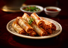 Tasty Asian Chicken Spring Rolls On Plate With Sauce.Macro.AI Generative
