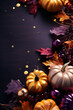 purple and golden pumpkins with fall decorations around on dark ground, top view, background with space for text
